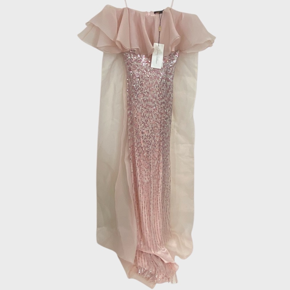 Jenny Packham NWT $6500 Pink Sequin Strapless Chiffon Gown Removable Cape - Picture 3 of 13